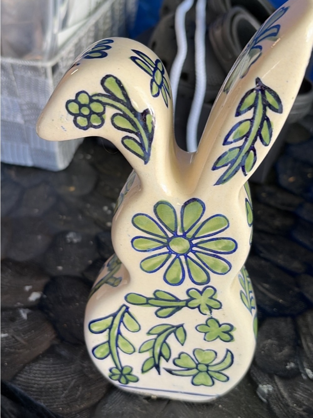 Ceramic Bunny Figurine with Green Floral Pattern - Decorative Home Art